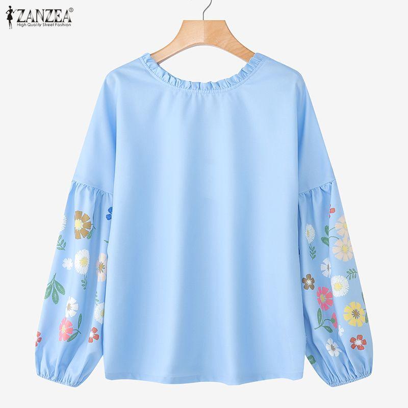 

ZANZEA Женская повседневная блузка с длинным рукавом и круглым вырезом, свободного кроя с цветочным принтом 3XL синий
