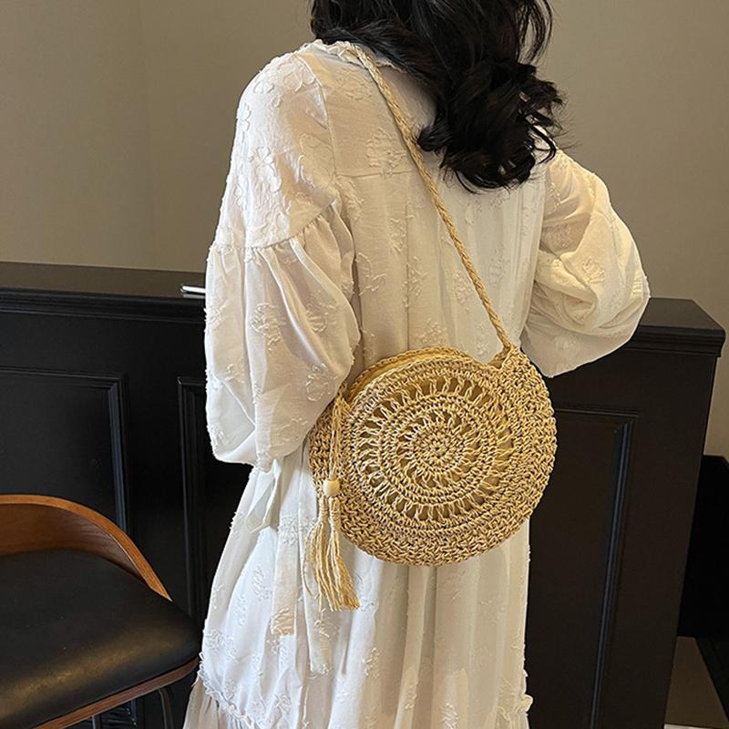 Women Hollow Straw Bag Circle Rattan Bag Round Soft Paper Rope Shoulder MessengerBag Tassel Summer Beach Handmade Crossbody Bags