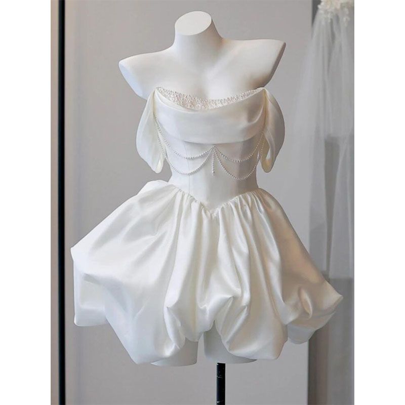 

French Satin Light Wedding Dress Sweet Small Engagement Dress Tube Top Fancy Birthday Bud Skirt Beautiful Accessible Luxury White strap S