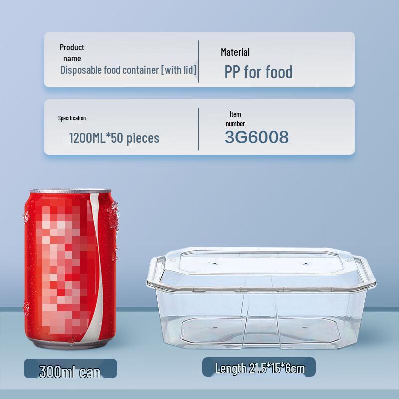 1200ml Disposable Plastic Food Containers with Lids, 50-Pack