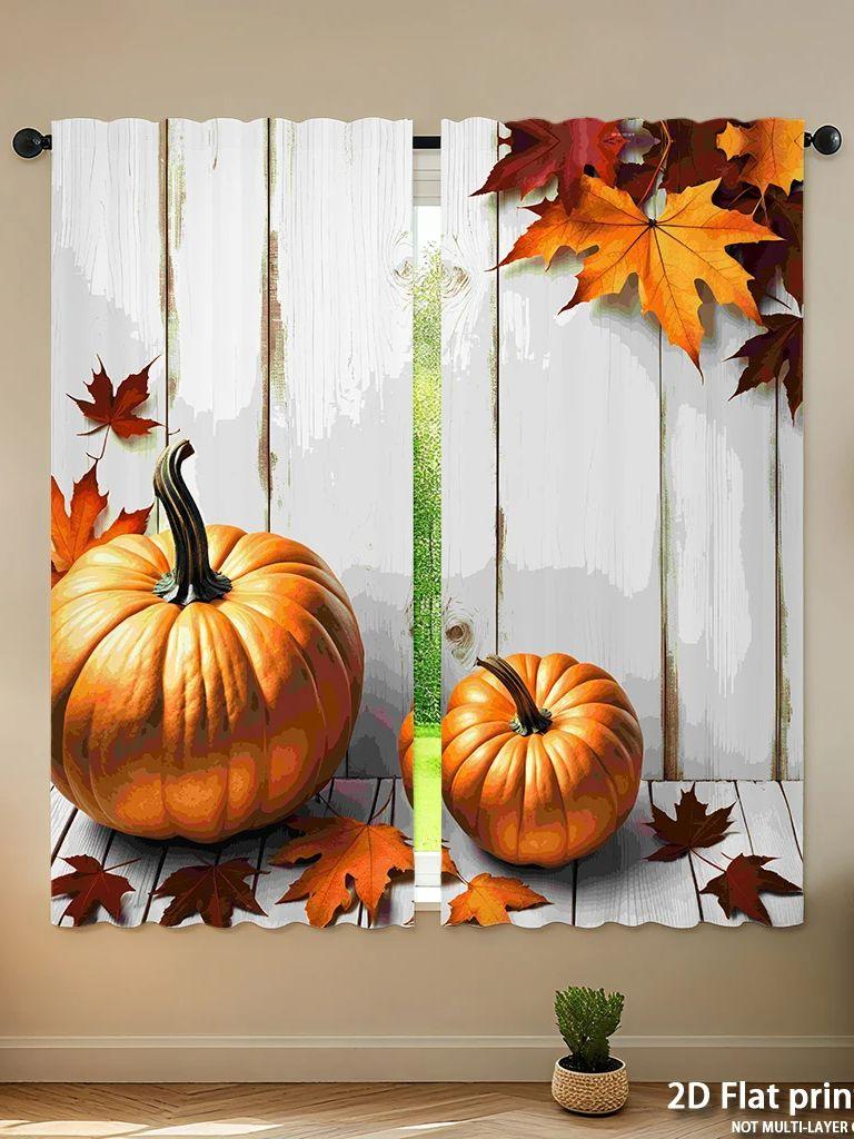 Piece Set High Definition Digital Printed Curtainsautumnpumpkinsonwhitewoodbackgroundwithmapleleaveshome Decoration Style Curtains Made Of Polyester