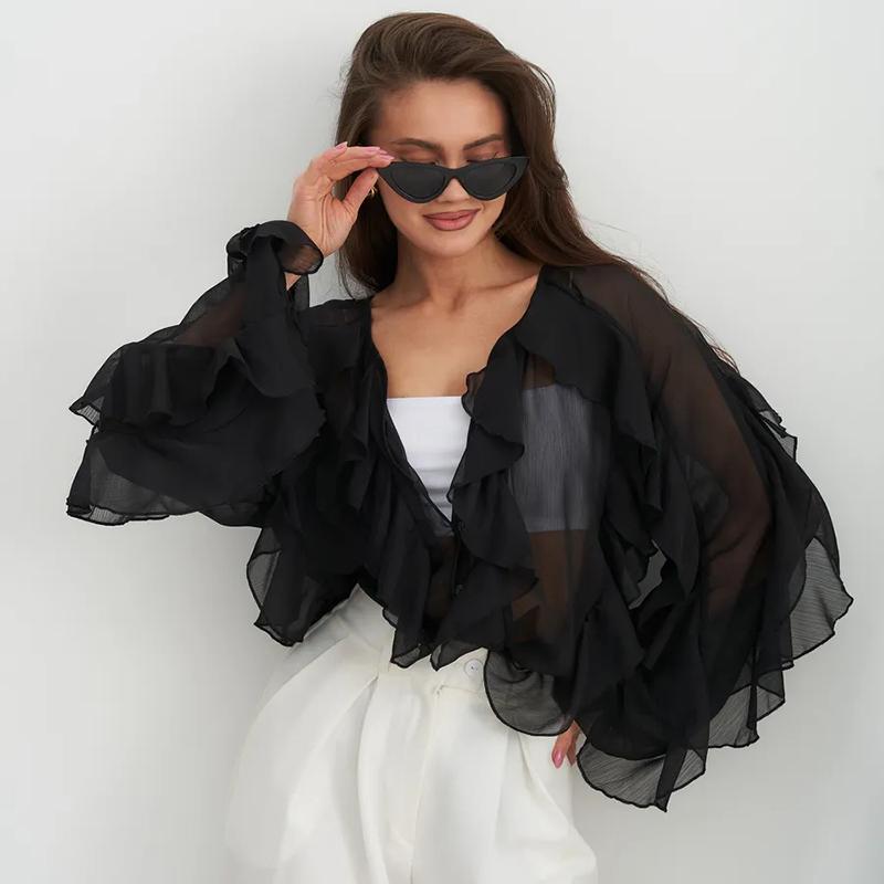 Chiffon Ruffled V-Neck Shirts Top Women Blouse Tee 2026 Summer Sheer Lace-Up High Waist Blouse Elegant Female Shirts Tops