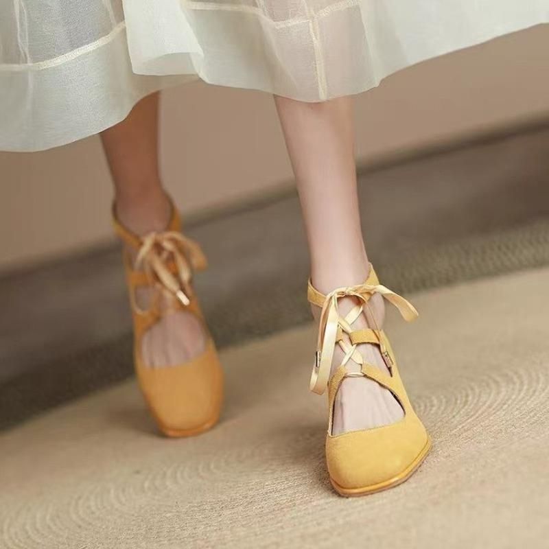 Chaussures à Talon Haut Rétro à Bride Simple pour Femmes Printemps et Automne Bout Carré à Lacets Talon Bloc Pas Fatigantes Chaussures Grande Taille