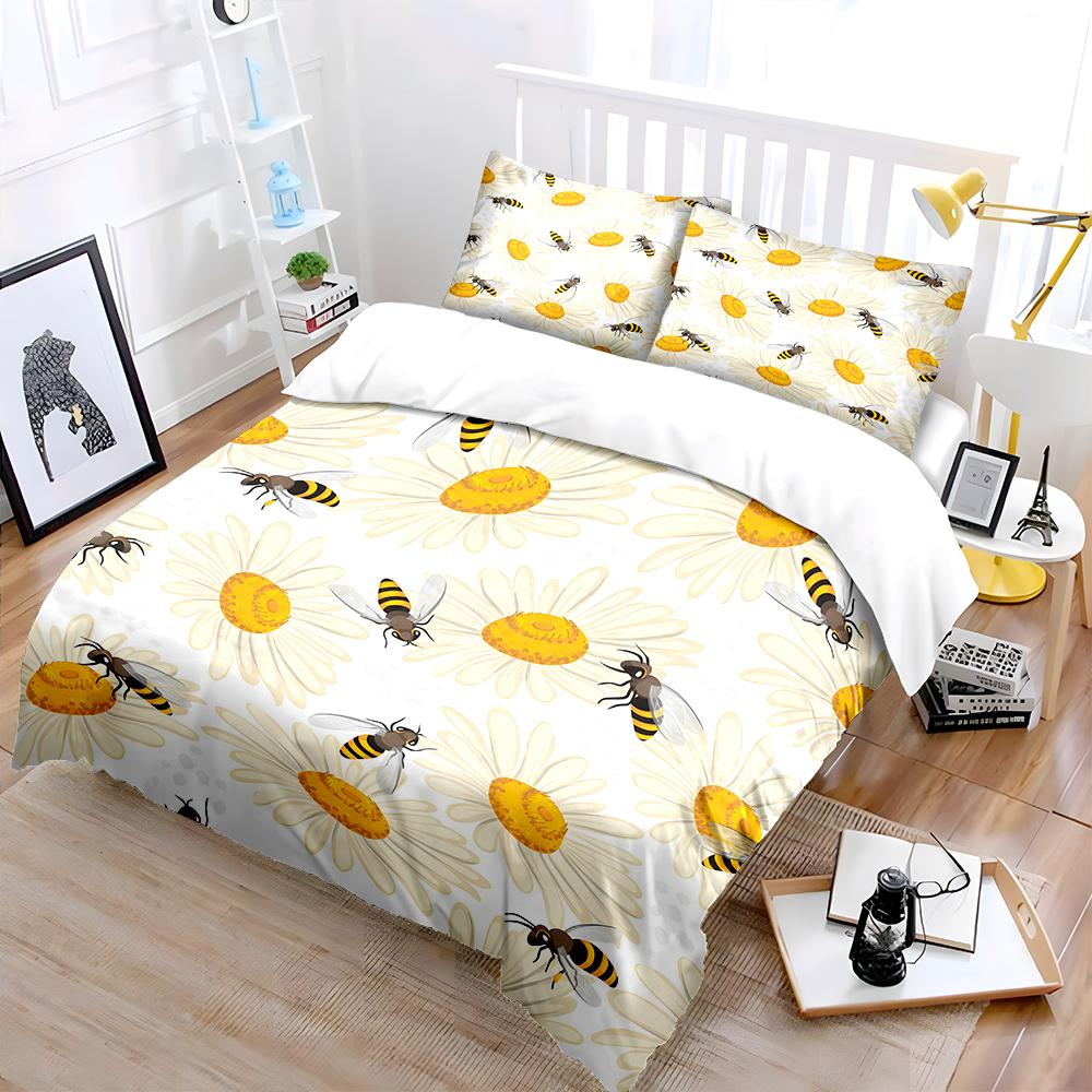 Bienen und Gänseblümchen Muster Bettwäsche Set für Kinder Luxuriöses Geschenk 3tlg Digitaldruck Bettdecken Set Weich Bequem Atmungsaktiv