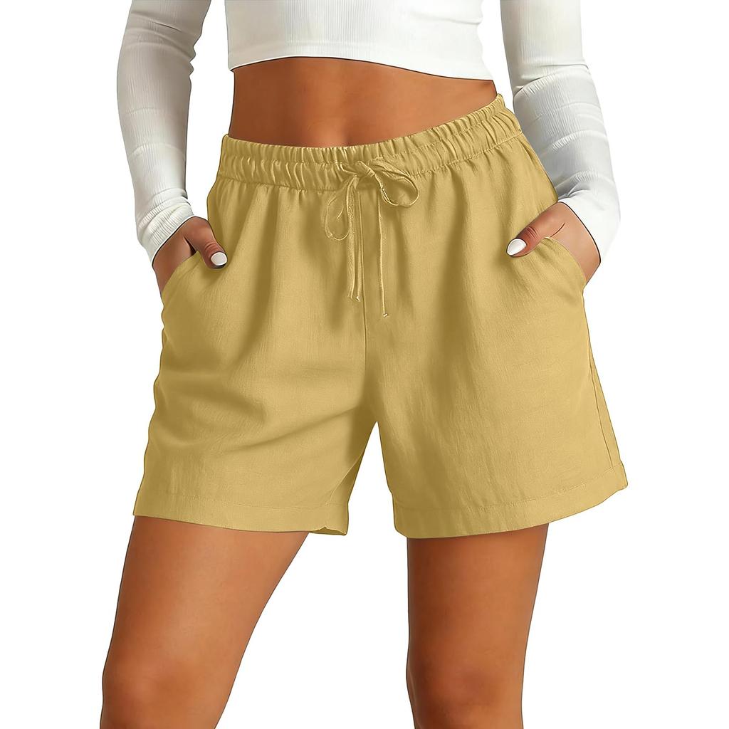 Damen Bermudashorts Mit Taschen Kordelzug Elastischer Bund Leinen-Shorts Lässige Strandurlaub Sommerkleidung