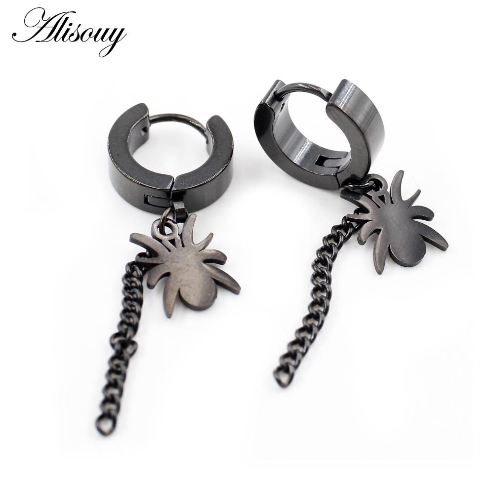 Alisouy 2PCS Stainless Steel Star Cross Snake Spike Skull Sword Blade Chain Feather Spider Dangle Women Men Huggie Hoop Earrings