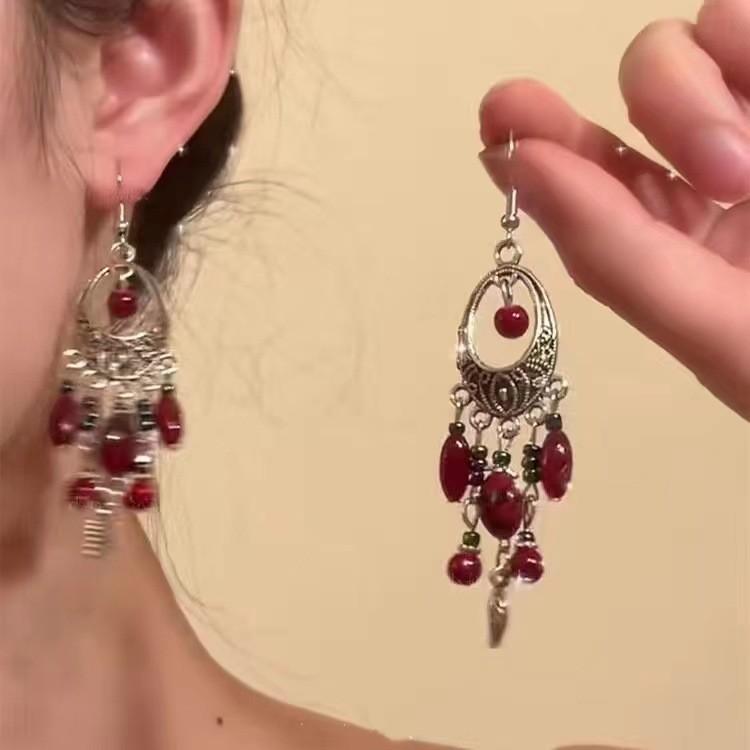 Vintage New Chinese Bohemian Turquoise Tassel Long Earrings Ethnic Vacation Accessories For Women