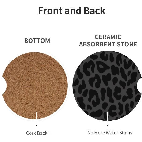 Car Steering Wheel Cover With 2 Pcs Ceramic Absorbent Cupholder Coasters, Black Leopard Cheetah Print Car Accessories Decorations For Women, Fit 15