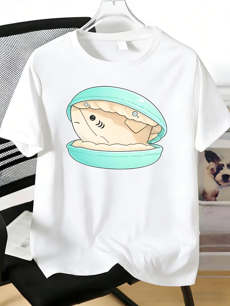 Unisexs Tee Cute Cartoon Fish Inside Shell Graphic Print Cotton Short Sleeve Male Casual Streetwear Outdoor Daily Basic Fashion Top