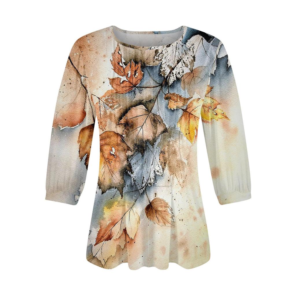 Women's Puff 3/4 Sleeve Tunic Tops Pleated Neck Blouses Casual Loose Spring And Summer T-Shirts