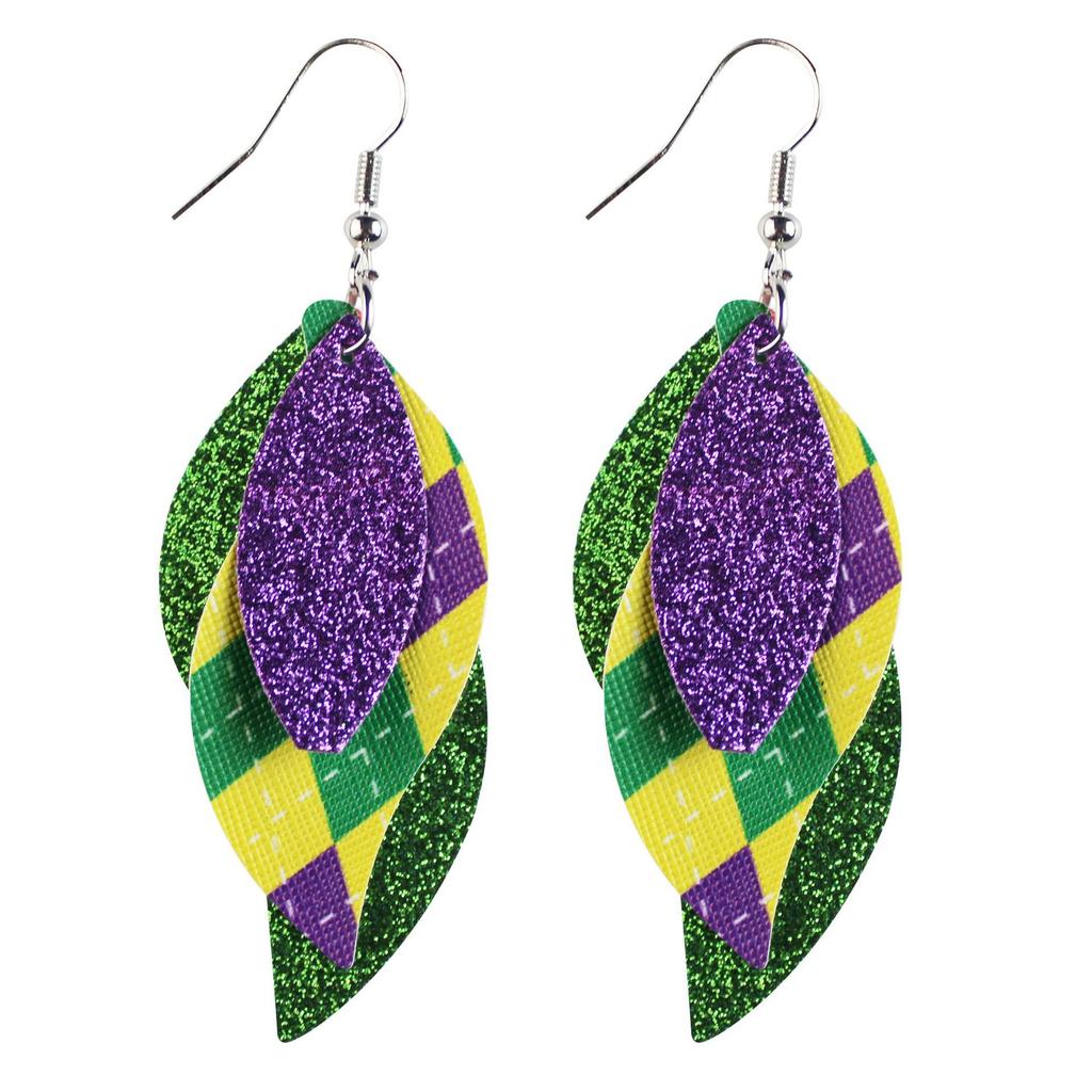 Carnival Three-Layer Leather Earrings, Cross Pattern Single-Sided Printing Scallion Powder Fine Powder Water Droplets Leaves