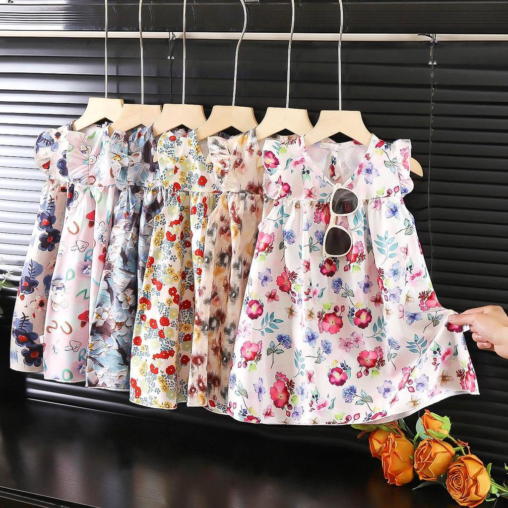 2026 Summer Kids' Floral Print Chiffon Pinafore Dress with Flutter Sleeves