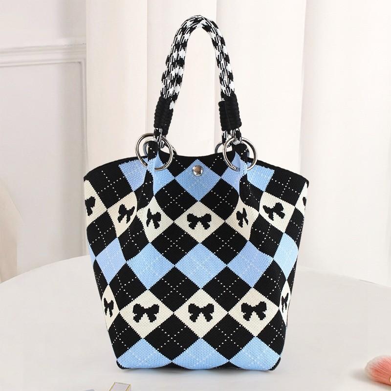 

Argyle Pattern Bow Knot Knitted Tote Bag Large Capacity Korean Style Handbag for Women Casual Shoulder Bag for Work Shopping Travel Lunch синий