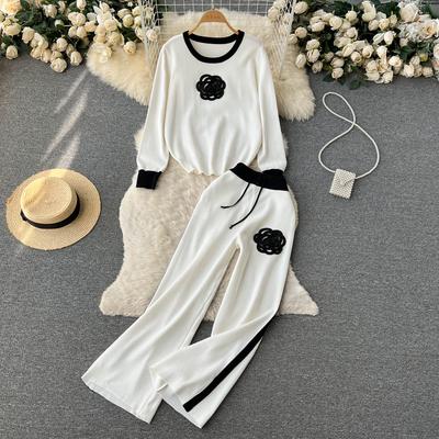 Pantaloni maglione lavorato a maglia a fiori con perline da donna autunno inverno Set pullover larghi casual top pantaloni a gamba larga tute sportive a 2 pezzi