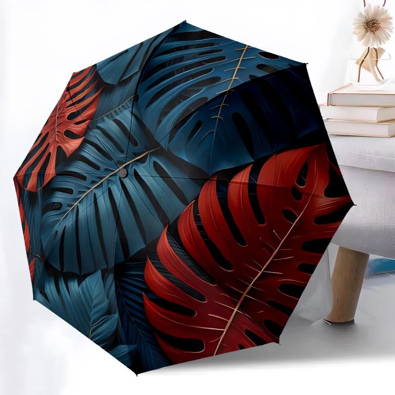 1pc Tropical Leaves Auto Open/close, All-Season Portable Folding Umbrella for Women & Men, Travel, Everyday, Formal Events - Compact Luxury Parasol, O