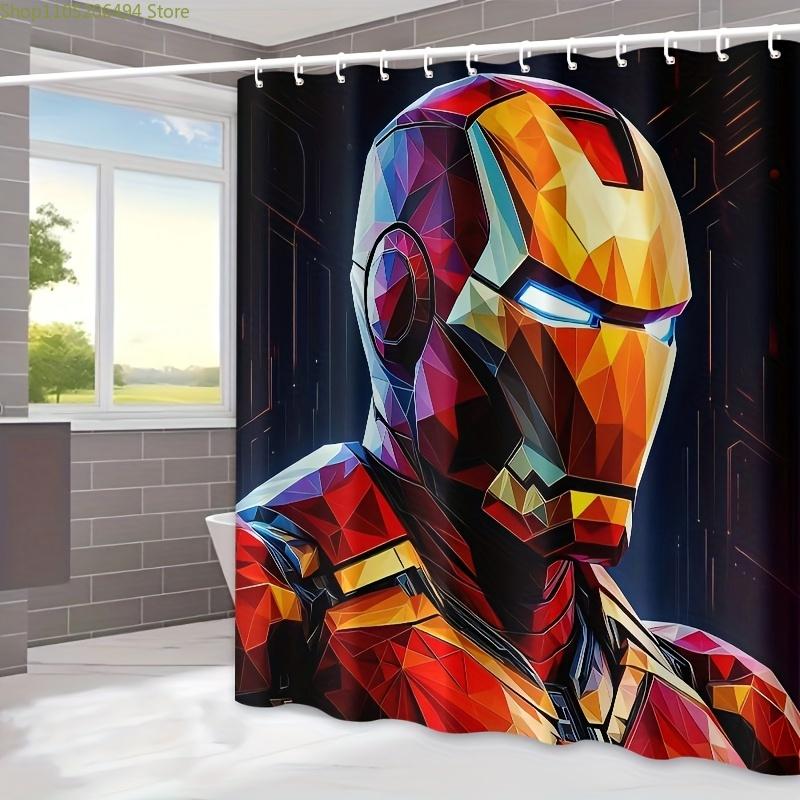 1pc MARVEL Iron for Man Shower Curtain with 12 Hooks - Vibrant Geometric Design, Polyester Fabric, Perfect for Home, Hotel, an