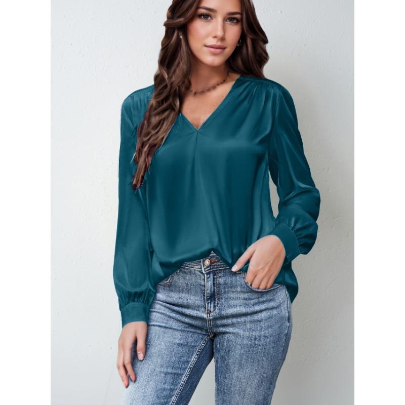 Plus Size Women's Pleated Long Sleeve V Neck Casual Loose Commuter Top