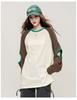 Hollow out design: Spring and Autumn fashion raglan sleeves contrasting color round neck T-shirt cool and cool casual loose top