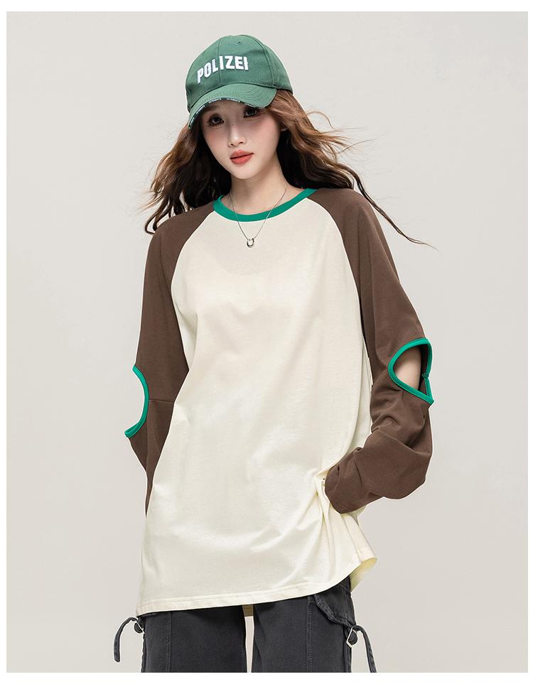Hollow out design: Spring and Autumn fashion raglan sleeves contrasting color round neck T-shirt cool and cool casual loose top