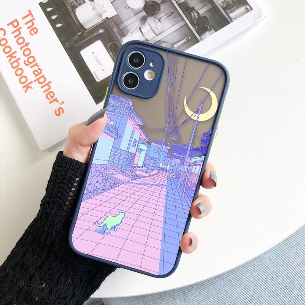 Matte Hülle für iPhone 11 12 13 14 Pm Pro Max XR X 8 7 Plus Pro XS Mini Skin Feeling Cover Japan Anime Handbemalte Hauslandschaft