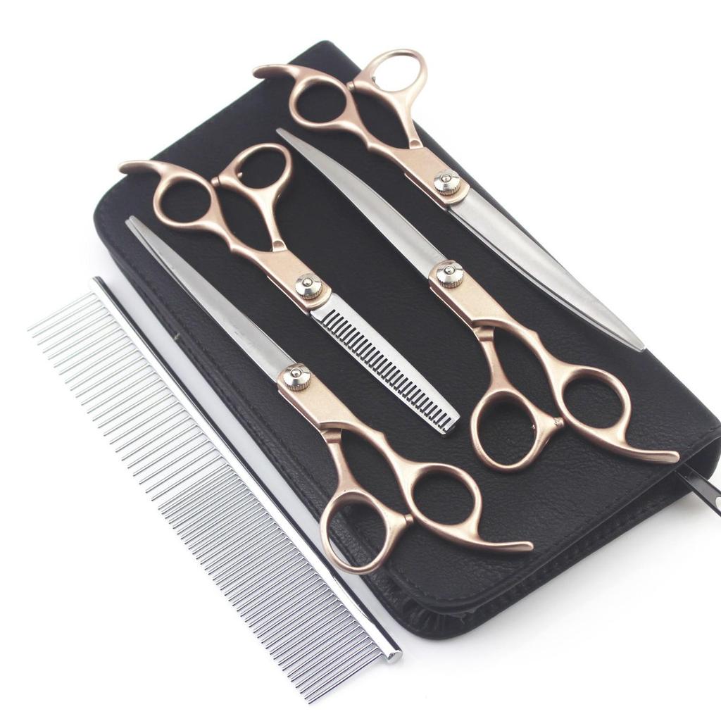 7" Gold Pattern 4-Piece Pet Grooming Scissors Set - Straight Shears with Separate Handle
