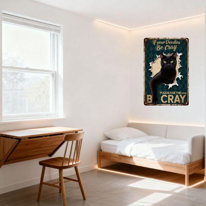 Vintage 'If Your Doodies Be Cray' Metal Sign with Black Cat, Green Eyes, Torn Paper Effect, Rusty Edges for Bar Pub Home Wall De