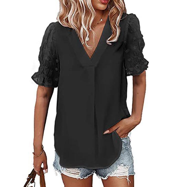 A New V-neck Short-sleeved Fleece Ball Loose and Flowing Top for Women's Summer
