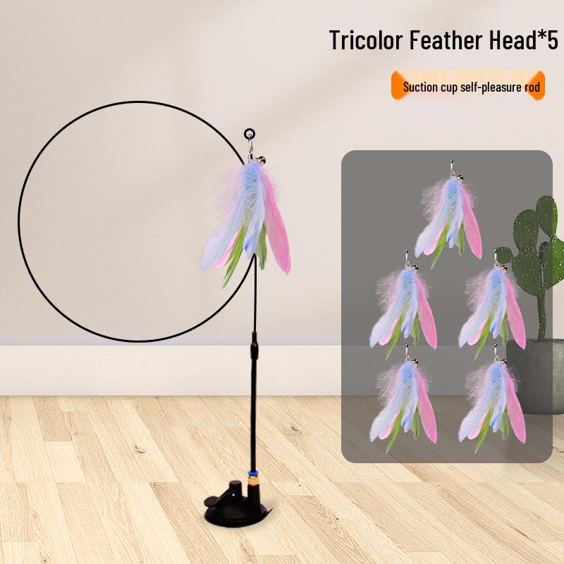 Katzenspielzeug Selbstspiel Teaserstab: Saugknopf, Feder mit Glöckchen, Bissfeste Seidenblume, Langeweile-Abbau für Kätzchen