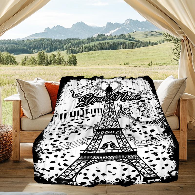 1PC Custom Name Music Paris Eiffel Tower Flannel Blanket Versatile,all-season Throw Suitable for the Living Room,bedroom,camping,travel,and Gift