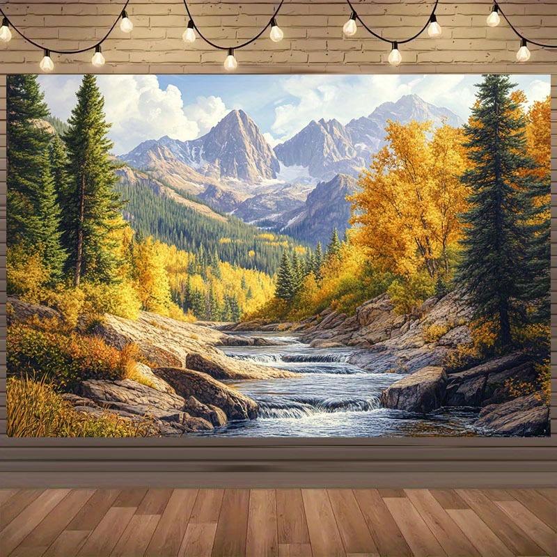 1 piece of 2D background cloth featuring golden autumn mountain scenery  a natural and peaceful atmosphere  and a party banner