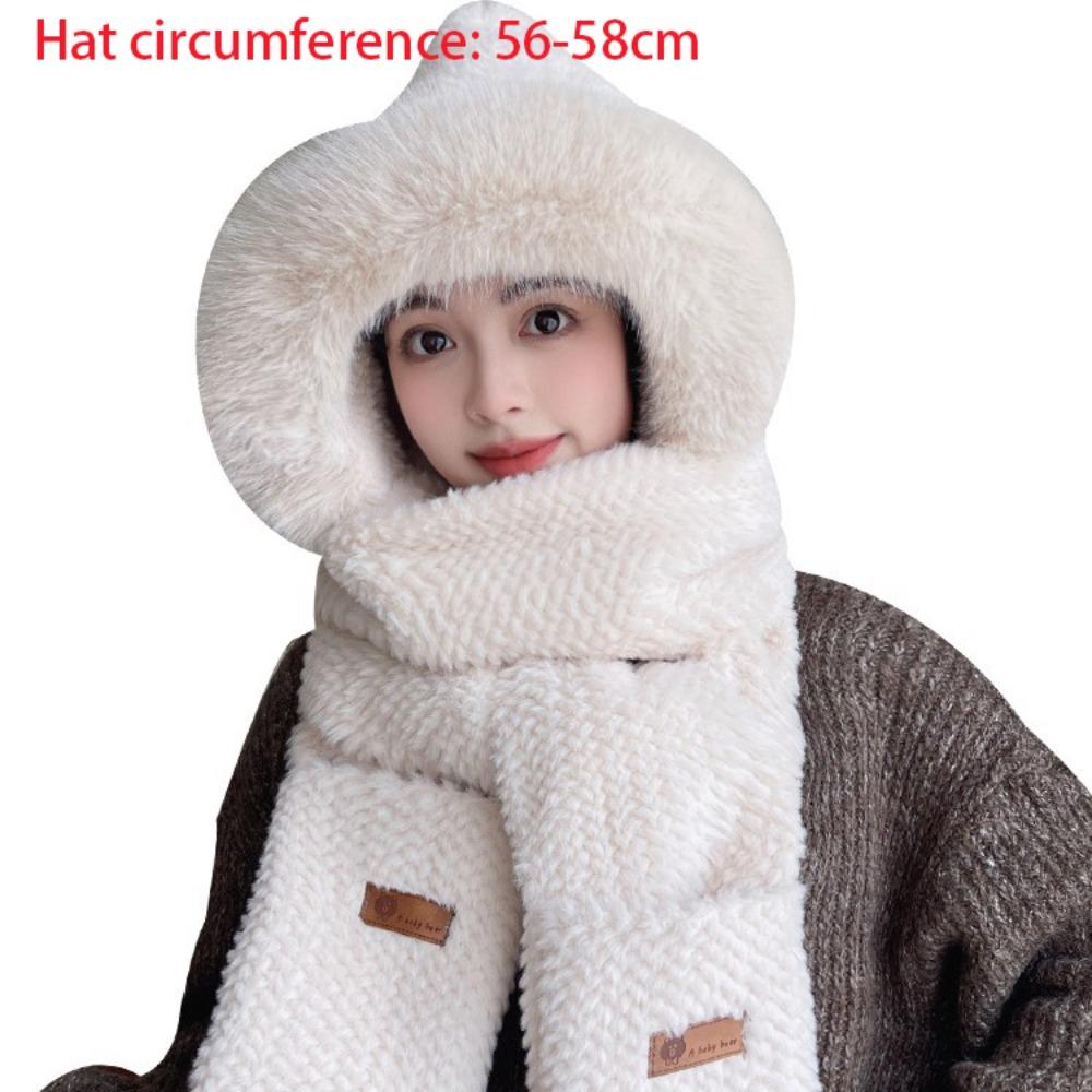 Thickened Plush Women Beanies Cap Cute Bear Ear Integrated Cap Scarf  Autumn Winter