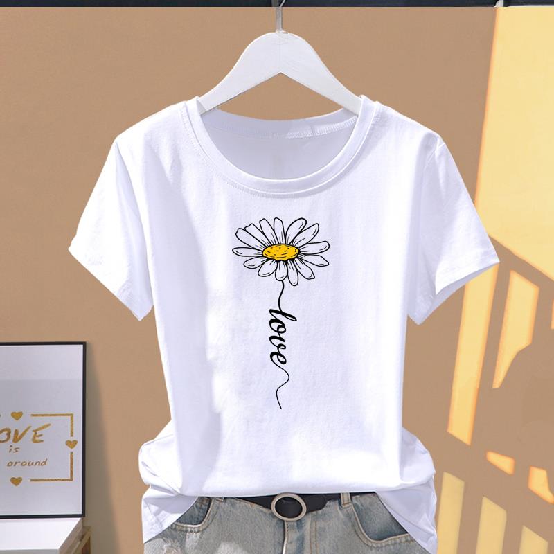 (Asian Size) sweet flower style T-shirts Female Casual Short Sleeve O-neck Fashion Graphic Tee Print Women's Top T Clothing