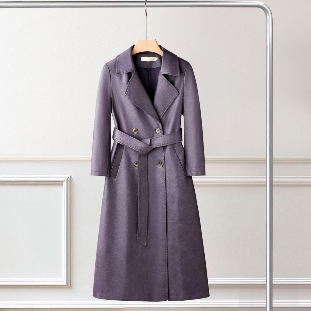 Elegante Soprabito Lungo da Donna Trench Vintage in Pelle Cappotto Mezza Lunghezza Slim Fit Primavera Autunno Capospalla