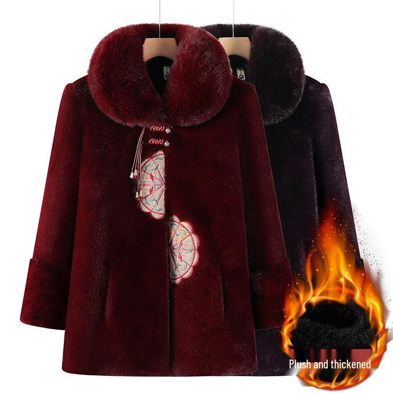Maternity Autumn/Winter Fur-Trimmed Velvet Jacket - Chinese Style for Middle-Aged/Elderly Women