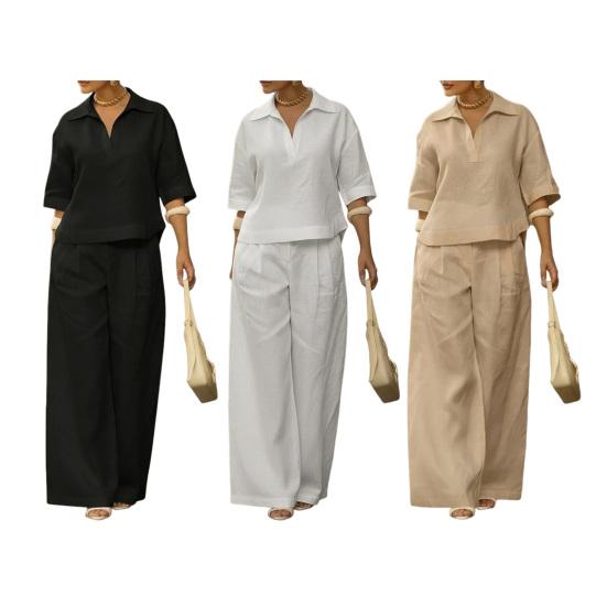 Women's 2 Piece Sets Casual Short Sleeve Lapel V Neck Top And Wide Leg Pants Summer Travel Vacation Lounge Outfits