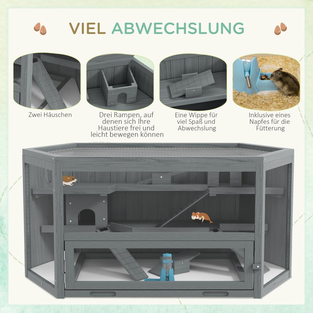 3 Tier Wooden Large Hamster Cage with Sliding Tray, Seesaws, Water Bottle, Grey
