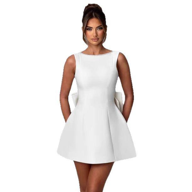 European & American Summer Women's Pearl Bow A-line Backless Dress