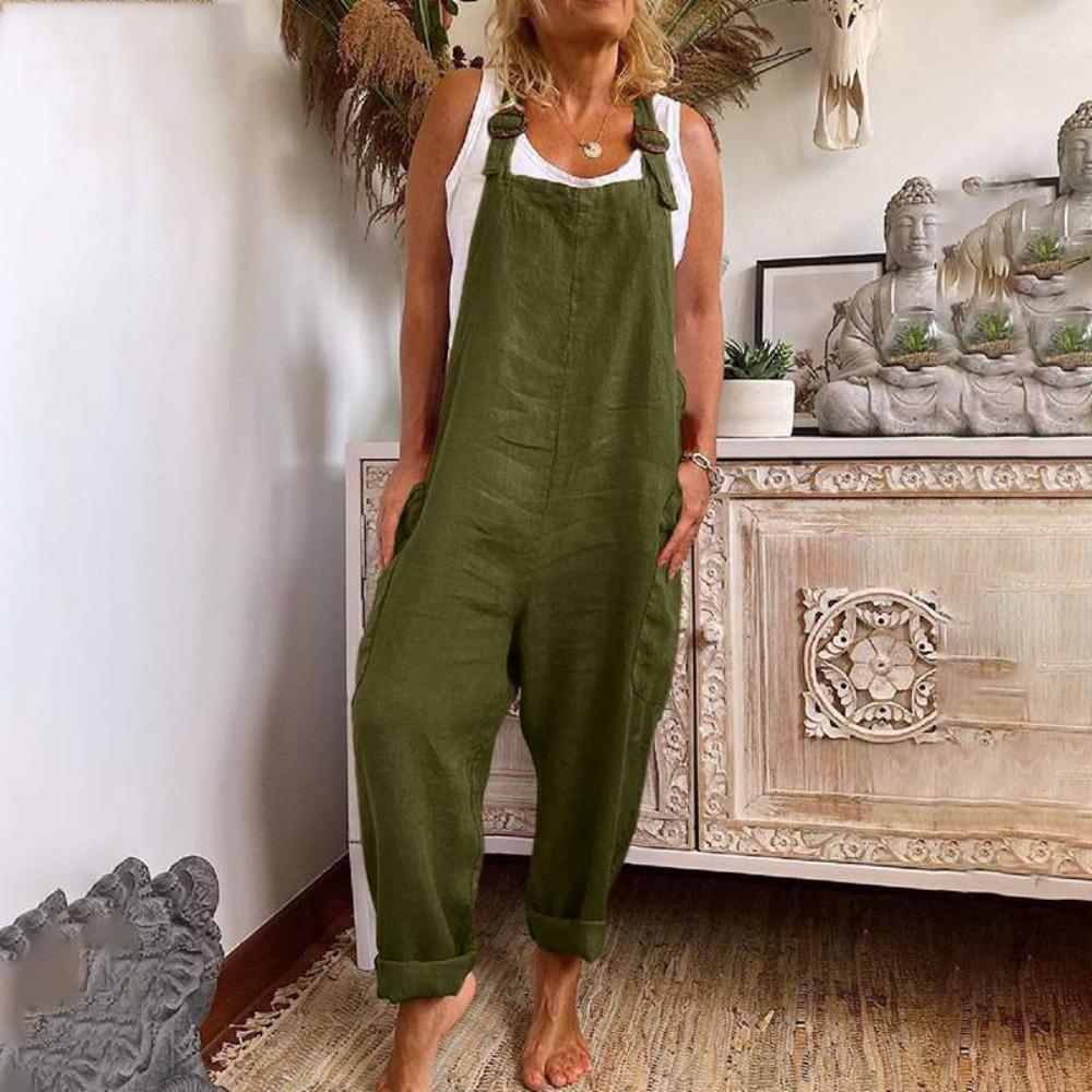 Damen ärmellos verstellbarer Träger lockere Passform Leinen Latzhose Hohe Taille Weiter Bein Jumpsuit