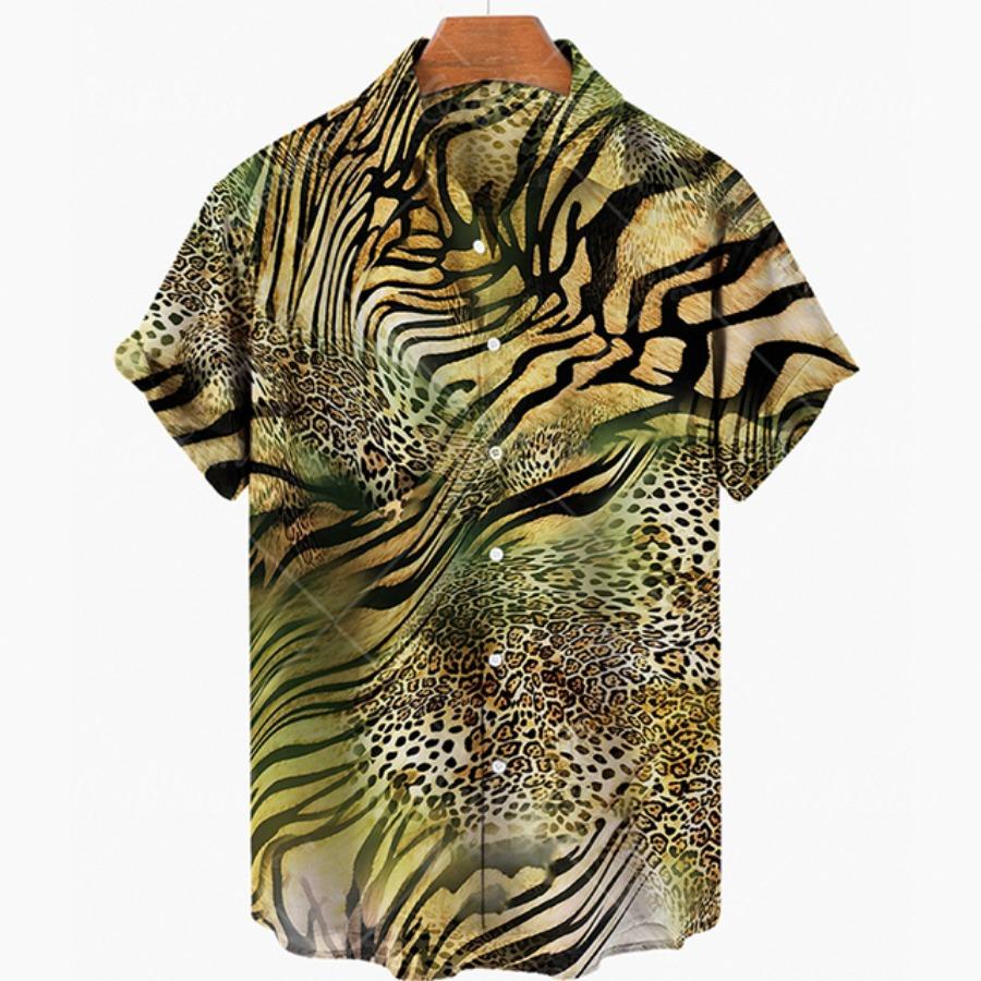 Short Sleeve Leopard Men's Shirts For Man Clothing Hawaiian Fashion 3D Print Thin Lapel Floral Casual Oversized Imported Camisa