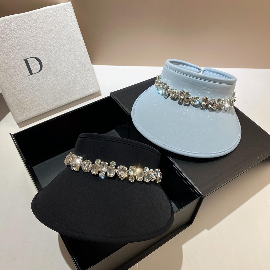 Light Luxury Rhinestone Sun Hat Summer Double-sided Ice Silk Optical Skin Beauty Anti-ultraviolet Empty Top Hat No Top Cap