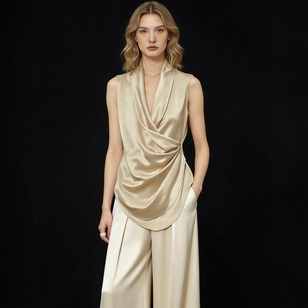 Abito in Acetato Haute Couture Scollo a V Senza Maniche per Resort, Matrimoni e Feste Serale
