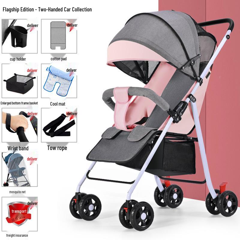 Lightweight Foldable Baby Stroller, Four-Wheeled, Convertible for Sitting or Lying, One-Button Fold Portable Design