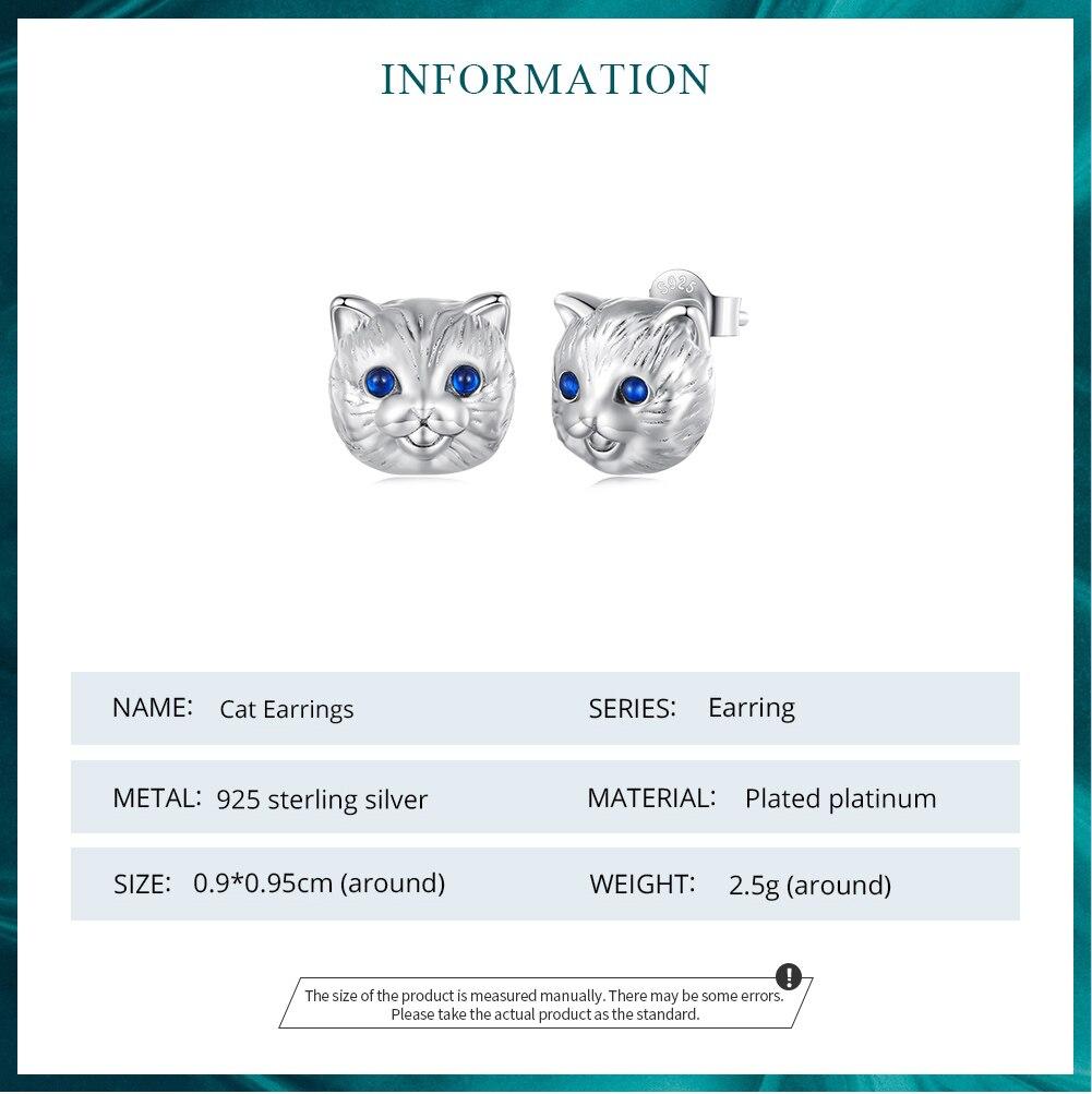 BAMOER 925 Sterling Silver Cute Cat Stud Earrings Blue Spinel Earrings for Women Birthday Gift Fine Jewelry
