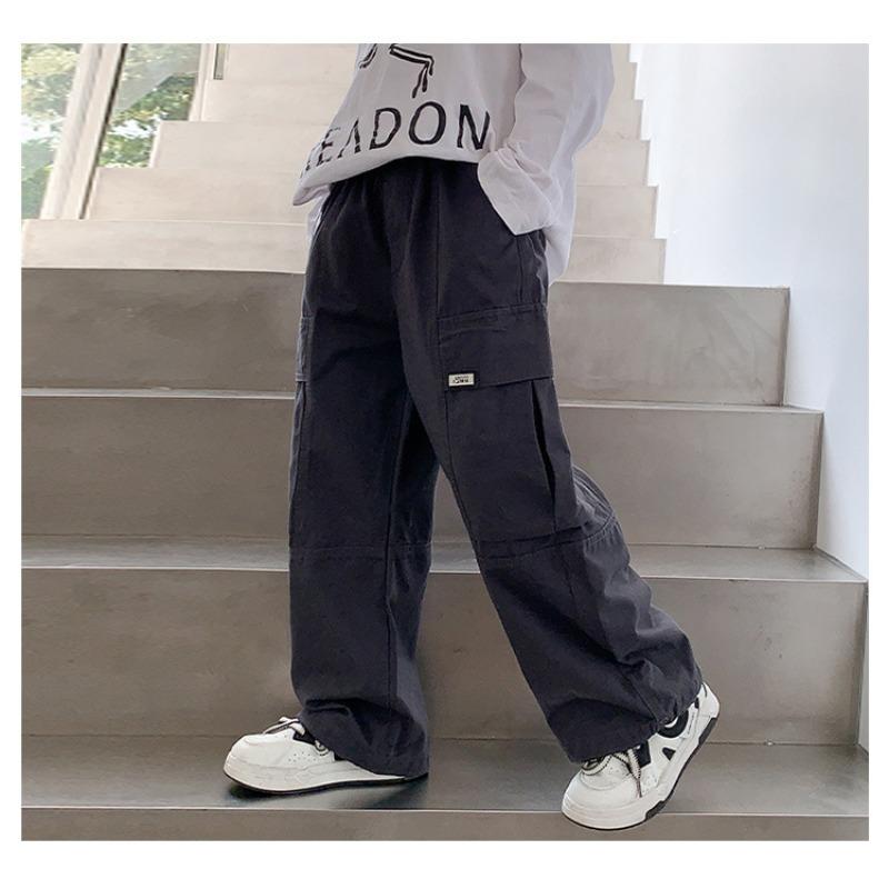 Boys Solid Color Cotton Casual Cargo Pants Spring Autumn Loose Long Trousers For Big Kids