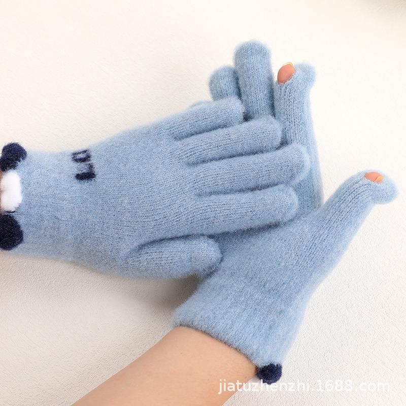 Winter warm cute women winter plush gloves cold-proof plush thickened cycling knitted gloves
