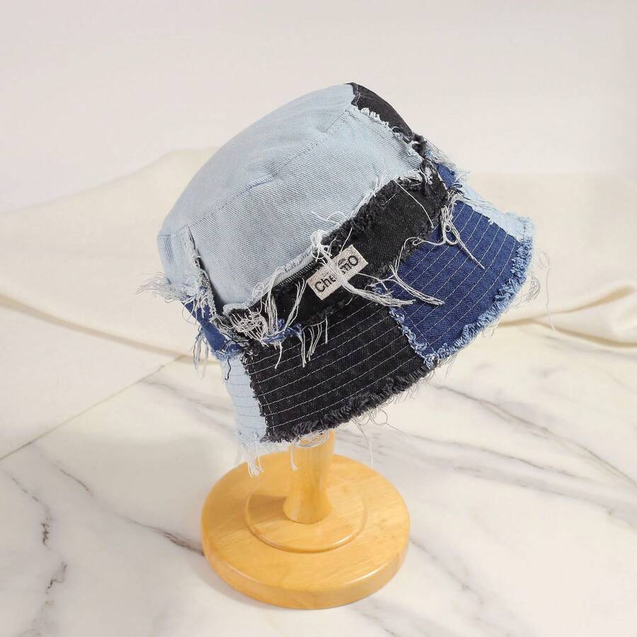 Vintage Distressed Denim Bucket Hat Blue Patchwork Raw Hem Retro Sun Cap For Adults