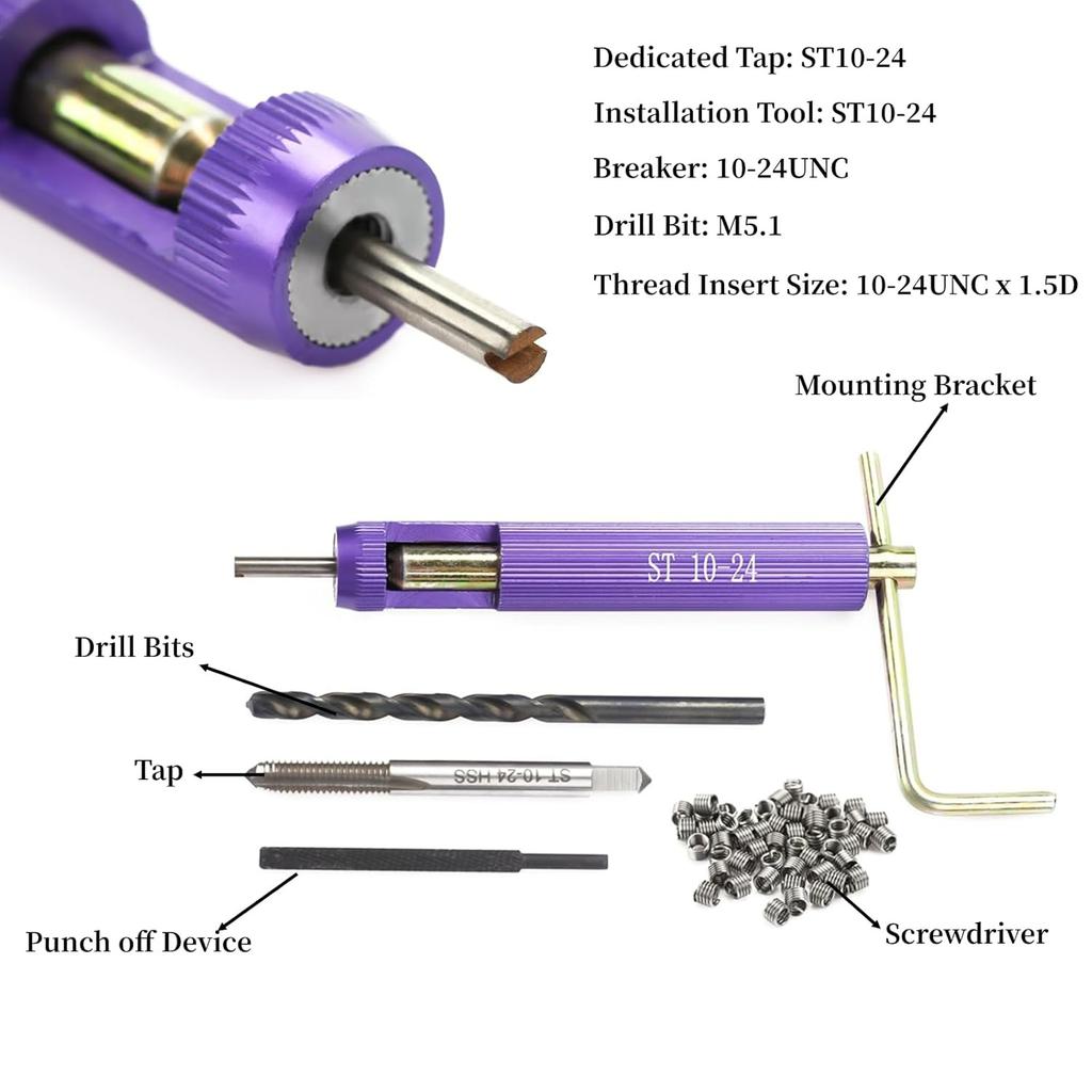 10-24UNC Helical Inserts Kit, Stainless Steel Thread Repair Inserts for Aluminum Metal with ST Tap and Tool, Fix Stripped Threads