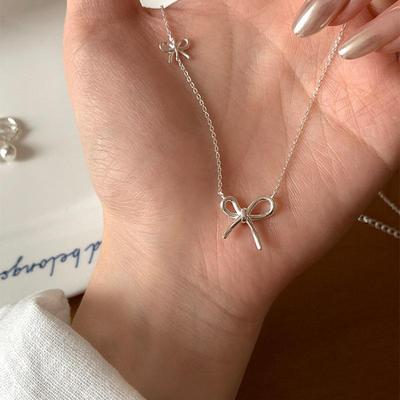 2024 New High-End Korean Style Twin Bow Knot Necklace – Women's Sweet Simple Summer Clavicle Chain