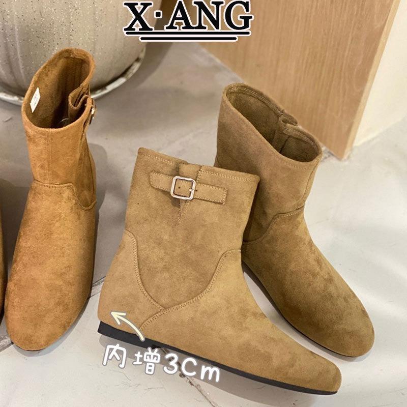 Sheepskin version inner height increase small short boots women's short boots autumn new Maillard brown pleated stacking boots