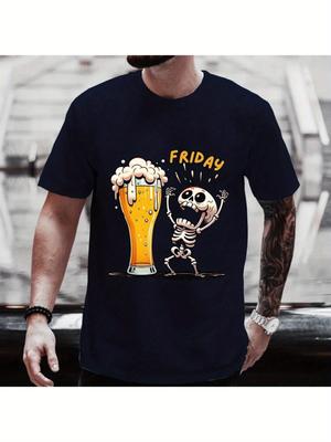 Mens Cotton Tshirt  Funny Skull Finally Friday Beer Cup Pattern Short Sleeve Round Neck Top Suitable for Beer Enthusiasts